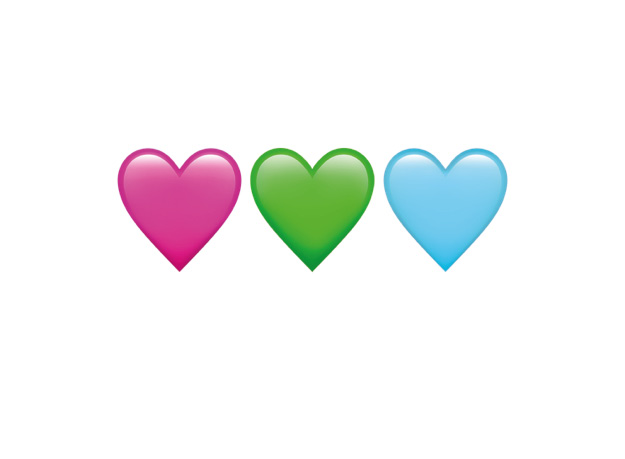 Drei Herzen, das erste pink, das zweite grün, das dritte blau