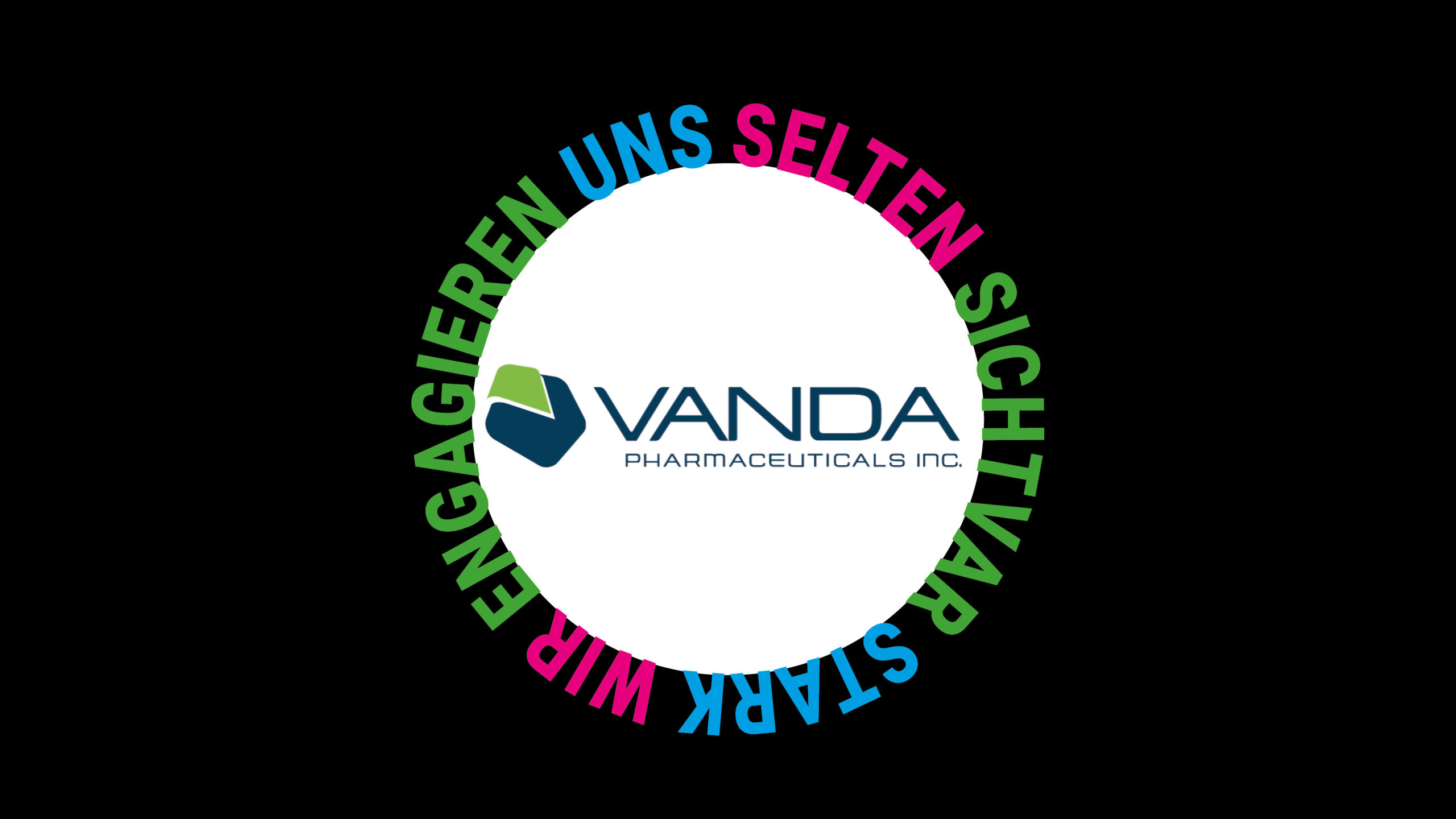 Logo Vanda Pharma im Kreis mit Schriftzug Selten sichtbar stark wir engagieren uns, schwarzer Hintergrund